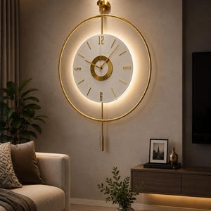 May include: A large circular wall clock featuring a white face with gold-toned markers and numerals at 12 and 6. The clock is framed by a thin gold ring, includes a vertical gold rod with a cylindrical pendulum, and emits a soft back-lit glow.