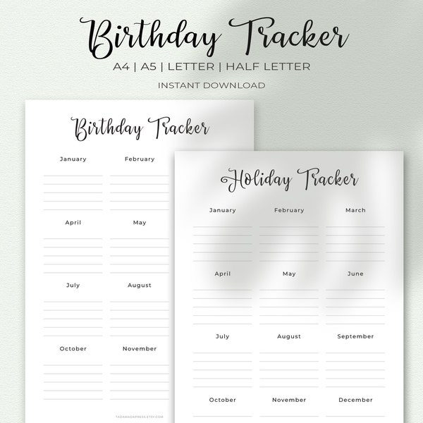 Birthday & Holiday Tracker, Tracker Printable Calendar, Perpetual Birthday Printable, Family Birthday Sheet, Employee Birthday list template