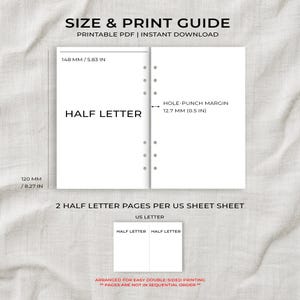 May include: A size and print guide for half letter printable PDF pages. The graphic shows dimensions of 5.83 inches by 8.27 inches, a 0.5 inch hole-punch margin, and illustrates how two half letter pages fit on one US letter sheet.