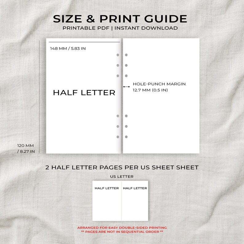 May include: A size and print guide for half letter printable PDF pages. The graphic shows dimensions of 5.83 inches by 8.27 inches, a 0.5 inch hole-punch margin, and illustrates how two half letter pages fit on one US letter sheet.