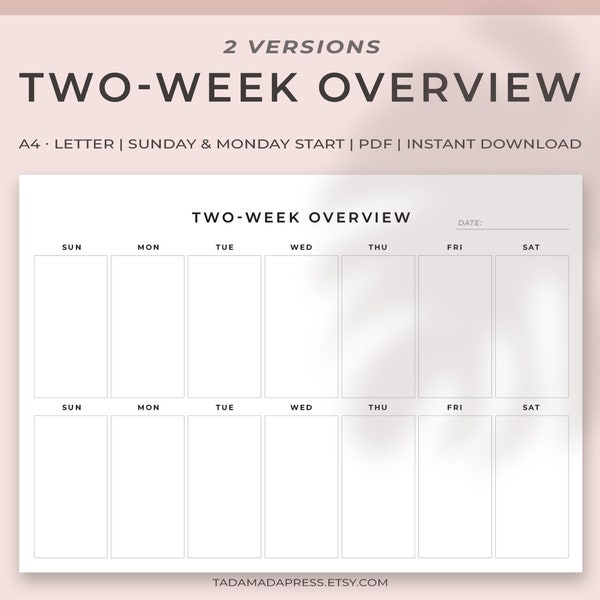 Two-Week Overview Sheet, Bi-Weekly Planning Printable, 14-Day Planner, 2-Week at a Glance PDF, Simple Half-Monthly Organizer | A4, US Letter