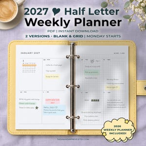 Agenda settimanale 2027 formato Half Letter, stampabile, inizio lunedì, griglia vuota, settimana su due pagine, PDF