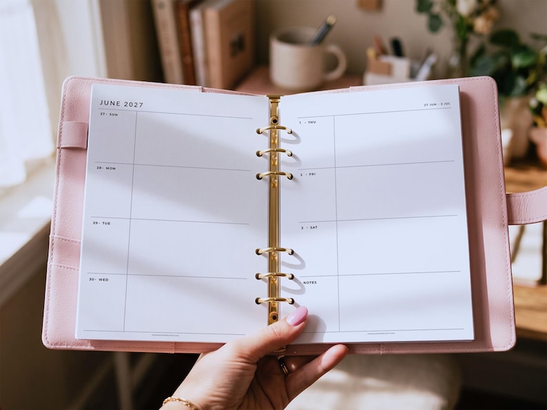 May include: A light pink six-ring binder planner open to a weekly spread for June 2027. The white pages feature black text with days of the week and a notes section. A gold-toned metal ring mechanism secures the pages in the center of the cover.