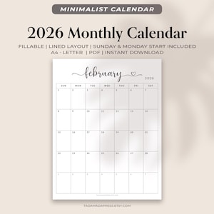 Calendario mensile 2026 modificabile e compilabile, PDF stampabile, design a blocchi e righe, mese a colpo d'occhio, lettera di inizio lunedì domenica A4
