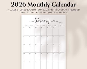 2026 Editable Fillable Monthly Calendar Printable PDF, Block and Lined Design, Month at a Glance Monday Sunday Start Letter A4
