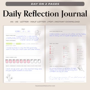 May include: A Daily Reflection Journal with the text "Day on 2 Pages" at the top. The journal includes prompts for gratitude, movement, and energy levels, with space for daily reflections. It is available in A4, A5, Letter, and Half Letter sizes.