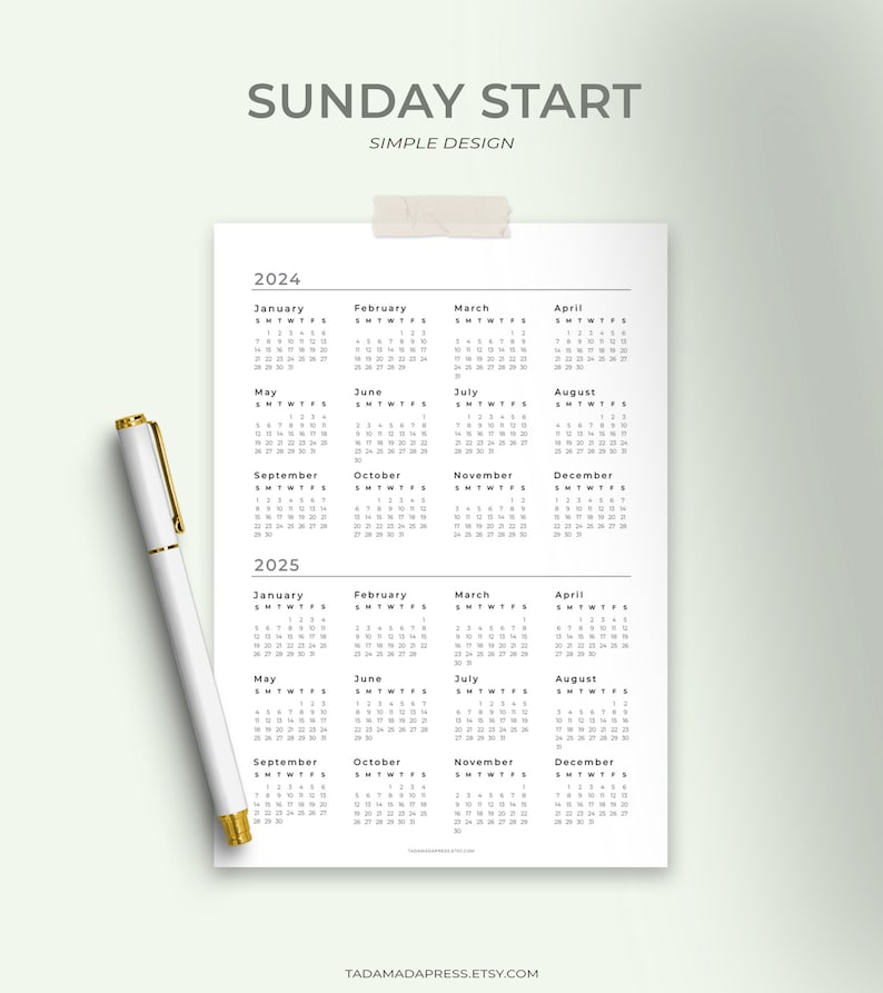 One Page 2024, 2025 Year Calendar, Year at a Glance Printable Insert
