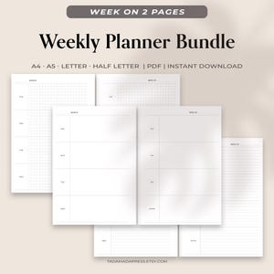 May include: A bundle of white weekly planner pages with a minimalist design. The text "WEEK ON 2 PAGES" and "Weekly Planner Bundle" are at the top. The planner includes sections for each day of the week and notes. The website tadamadapress.etsy.com is at the bottom.