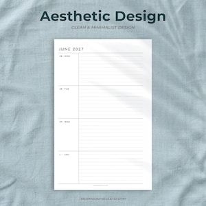 May include: A white paper planner page for June 2027 with black text. The layout features a vertical column for dates and days of the week, including 28 MON, 29 TUE, 30 WED, and 1 THU, alongside horizontal lines for daily notes and scheduling.