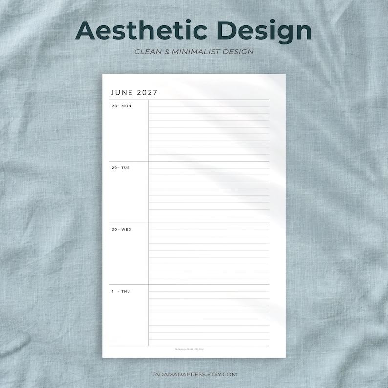 May include: A white paper planner page for June 2027 with black text. The layout features a vertical column for dates and days of the week, including 28 MON, 29 TUE, 30 WED, and 1 THU, alongside horizontal lines for daily notes and scheduling.