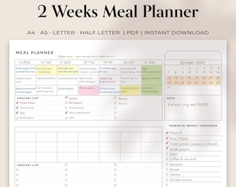 Puede incluir: Un planificador de comidas imprimible de 2 semanas con un fondo beige. El planificador incluye secciones para la planificación de comidas, una lista de compras y un calendario para octubre. El texto "2 Weeks Meal Planner" está en la parte superior.