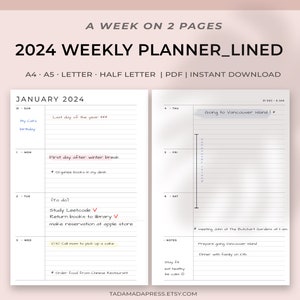 Druckbarer Wochenplaner 2024, 7-Tage-Planer auf zwei Seiten, minimalistische linierte Einlage, einfaches Layout | A4, A5, US Letter, Half-Letter