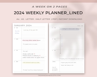 2024 Dated Weekly Printable Planner, 7 Day Schedule on Two Pages, Minimalist Lined Insert, Simple Layout | A4, A5, US Letter, Half Letter
