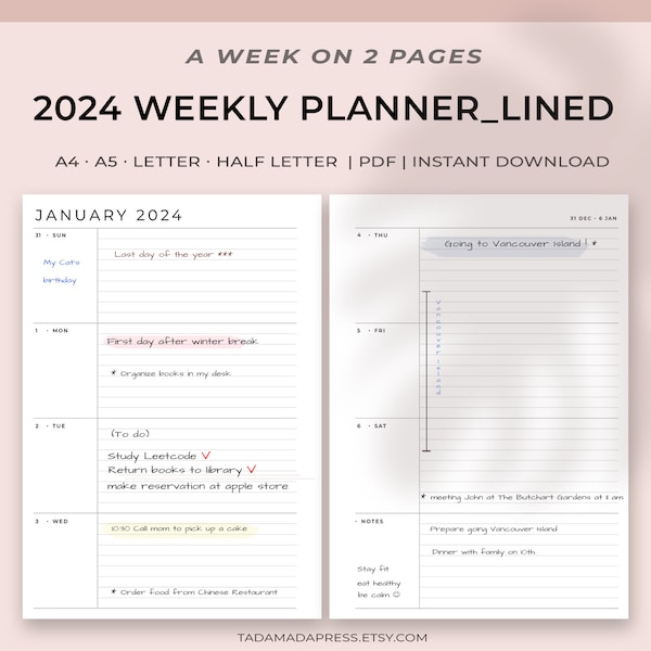 2024 Dated Weekly Printable Planner, 7 Day Schedule on Two Pages, Minimalist Lined Insert, Simple Layout | A4, A5, US Letter, Half Letter