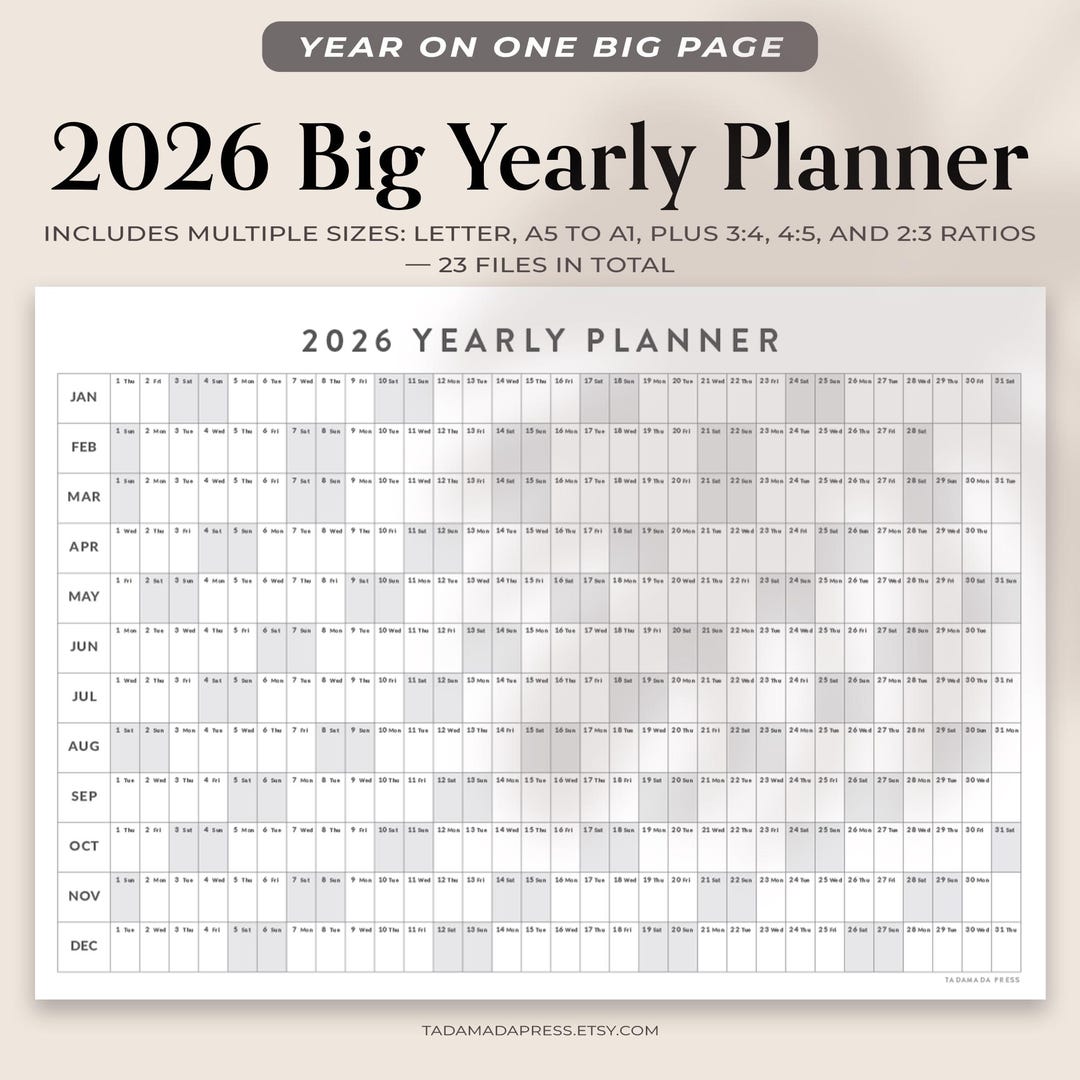 2026 Year at a Glance Wall Calendar Printable Giant Yearly Wall Planner ...
