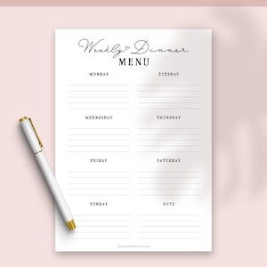 Pode incluir: Um planificador de menu de jantar semanal imprimível com um design simples. O planificador tem espaços para escrever as refeições para cada dia da semana, de segunda a domingo, e um espaço para notas.