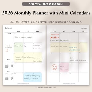 Puede incluir: Un planificador mensual de 2026 con mini calendarios, que se muestra en dos páginas. El planificador incluye enero con notas y un pequeño calendario para diciembre y febrero. El texto incluye "Month on 2 Pages" y "Instant Download."
