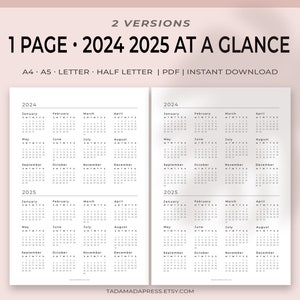 Eine Seite 2024, 2025 Jahreskalender, Jahr auf einen Blick druckbare Einlage, minimalistisches Design PDF, Kalender an der Wand |A4, A5, Letter, Half Letter
