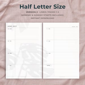 May include: A half letter size planner layout featuring two white pages with black text. The left page shows June 2027 with Monday through Thursday entries. The right page shows Friday through Sunday and a notes section with lined writing areas.
