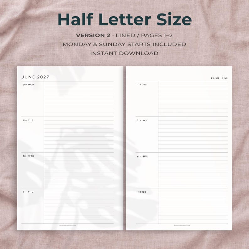May include: A half letter size planner layout featuring two white pages with black text. The left page shows June 2027 with Monday through Thursday entries. The right page shows Friday through Sunday and a notes section with lined writing areas.