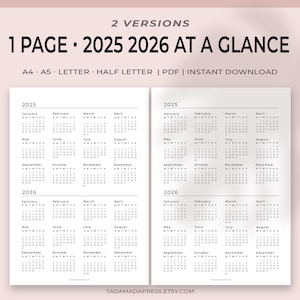 Calendario de una página para 2025 y 2026, vista general del año, inserto imprimible, diseño minimalista en PDF, calendario de pared/A4, A5, carta, media carta
