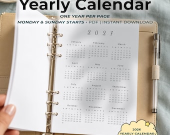 Jaarkalender 2027 2028 A5 Afdrukbare kalender van één pagina Maandag Zondag Begin Planner Inzetstuk PDF