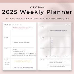 Planificador semanal imprimible con fecha 2025, calendario de 7 días en dos páginas, diseño minimalista (PDF), diseño simple / A4, A5, tamaño carta (EE. UU.), media carta