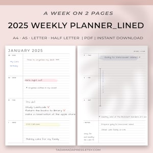 Planificador semanal imprimible con fecha 2025, programa de 7 días en dos páginas, inserto minimalista rayado, diseño simple / A4, A5, tamaño carta (EE. UU.) y media carta