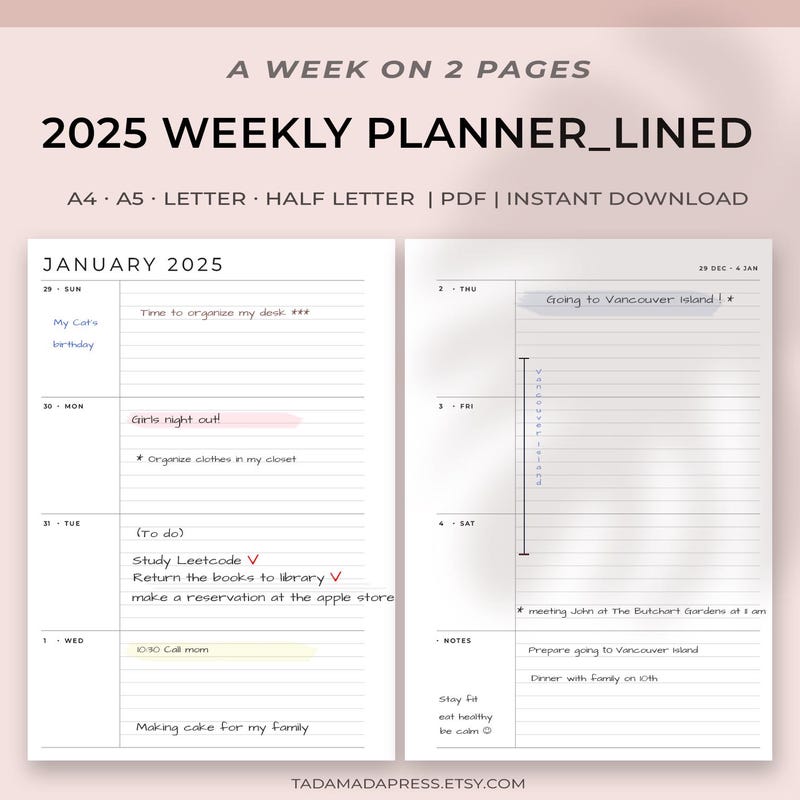 2025 Weekly Planner Print Etsy