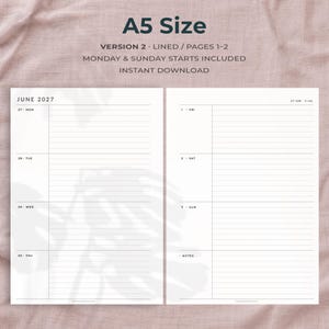 May include: Two A5 size planner pages with black text on white paper. The left page shows June 2027 with Monday through Thursday. The right page shows Friday through Sunday and a notes section. Text includes A5 Size, Version 2, Lined, Pages 1-2.