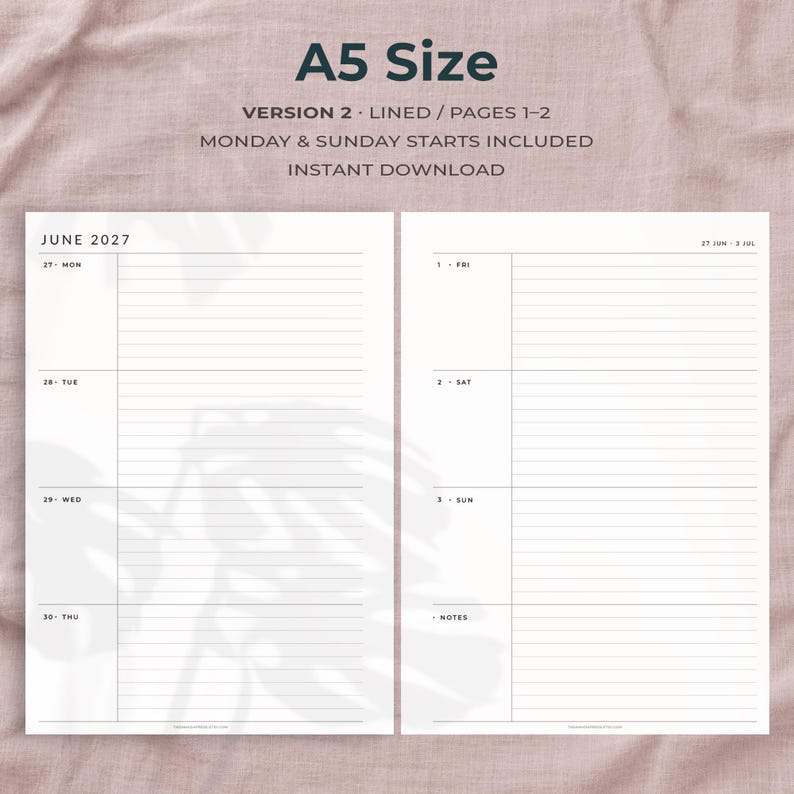 May include: Two A5 size planner pages with black text on white paper. The left page shows June 2027 with Monday through Thursday. The right page shows Friday through Sunday and a notes section. Text includes A5 Size, Version 2, Lined, Pages 1-2.