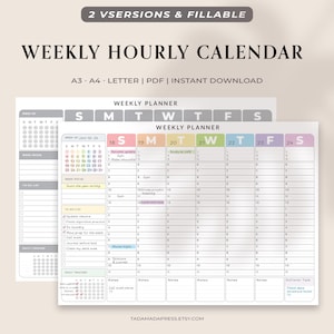 Peut inclure: Un calendrier hebdomadaire horaire imprimable avec un design épuré et minimaliste. Le calendrier comprend des sections pour les horaires quotidiens, les listes de tâches et les notes. Le texte "WEEKLY HOURLY CALENDAR" est en haut. Disponible en A3, A4 et lettre.