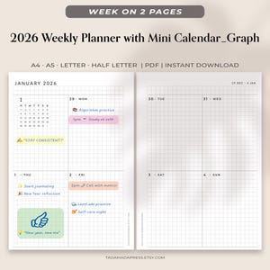 May include: A two-page 2026 weekly planner with a mini calendar and graph layout. The left page shows a January 2026 calendar with notes and reminders. The right page is a blank grid for weekly planning. Text includes "Week on 2 Pages" and "Instant Download."