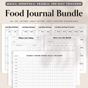 May include: A stack of white paper food journals with black text. The journals include daily, monthly, and yearly trackers. The text on the top of the image says "Food Journal Bundle". The journals are designed for instant download.