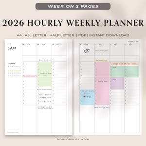 Peut inclure: Un planificateur hebdomadaire horaire 2026 sur deux pages avec un fond blanc. La page de gauche montre les jours dimanche, lundi et mardi, tandis que la page de droite montre mercredi, jeudi, vendredi et samedi. Le planificateur comprend un espace pour les notes et les rendez-vous.