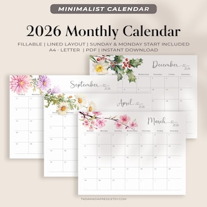 2026 befüllbarer Monatskalender Druckbare PDF mit Aquarellblumen, liniertem Design, Monat auf einen Blick Montag Sonntag Start Letter A4