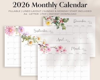 2026 Editable Fillable Monthly Calendar Printable PDF with Watercolor Flowers, Lined Design, Month at a Glance Monday Sunday Start Letter A4