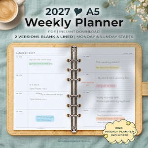 2027 A5 Weekplanner Printbaar Weekoverzicht op Twee Pagina's Planner Inzetstuk Blanco Lijntjes PDF