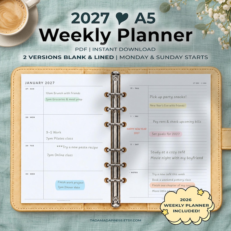 2027 A5 Weekly Planner Printable Week On Two Pages Planner Insert Blank Lined PDF image 1