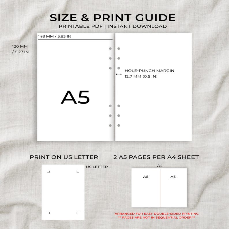May include: A size and print guide for A5 paper, featuring a diagram of a hole-punched page measuring 5.83 inches by 8.27 inches with a 0.5 inch margin. It includes instructions for printing on US Letter and A4 paper sizes.