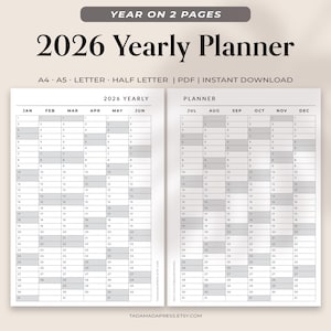 Könnte beinhalten: Ein Jahresplaner für 2026, auf zwei Seiten dargestellt. Das Design umfasst ein Kalenderlayout mit Monaten und Daten sowie den Text "2026 Yearly Planner" oben. Erhältlich in A4, A5 und Letter-Größen.