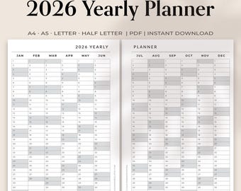 2026 Yearly Planner, Minimalist Printable Overview (PDF)