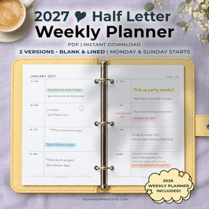 2027 Half Letter Weekly Planner Printable Week On Two Pages Blank Lined PDF