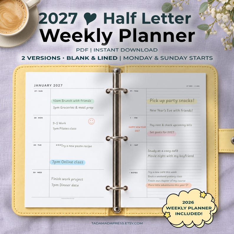 2027 Half Letter Weekly Planner Printable Week On Two Pages Blank Lined PDF image 1