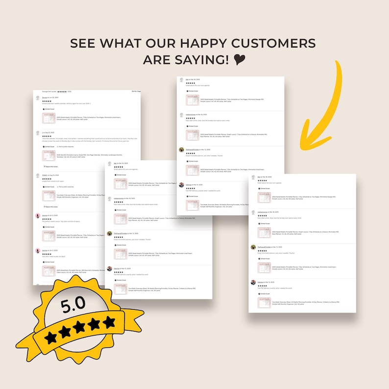May include: A collection of customer reviews displayed on white rectangular cards with five-star ratings. The text reads SEE WHAT OUR HAPPY CUSTOMERS ARE SAYING! with a black heart icon and a yellow arrow pointing to the reviews.