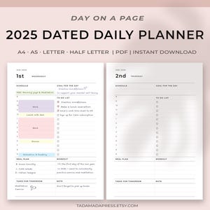 May include: A printable daily planner for 2025 with a simple design. The planner has a schedule, to-do list, goal for the day, meal plan, workout, tasks for tomorrow, and notes sections. The planner is dated for January 1st and 2nd.