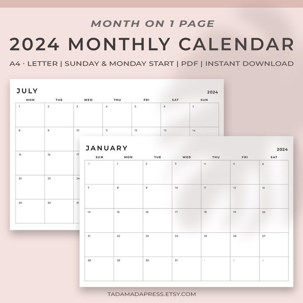 2024 Monthly Printable Inserts, Dated PDF,  One Page Calendar, Minimalist Landscape Monthly Template | A4, A5, US Letter & Half Letter