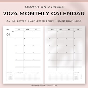 Calendario mensual con fecha 2024 imprimible, Mes en dos páginas, Inserciones mensuales, Minimalista, Mes de un vistazo / A4, A5, Carta de EE. UU., Media carta