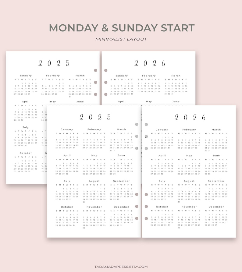 2025, 2026 Yearly Calendar Printable, Year at a Glance Modern Template