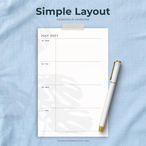 May include: A white planner page titled Simple Layout with Generous Margins, showing a July 2027 weekly schedule with dates 28-31. A white pen with gold accents rests on the right side. The page features a subtle leaf shadow overlay.